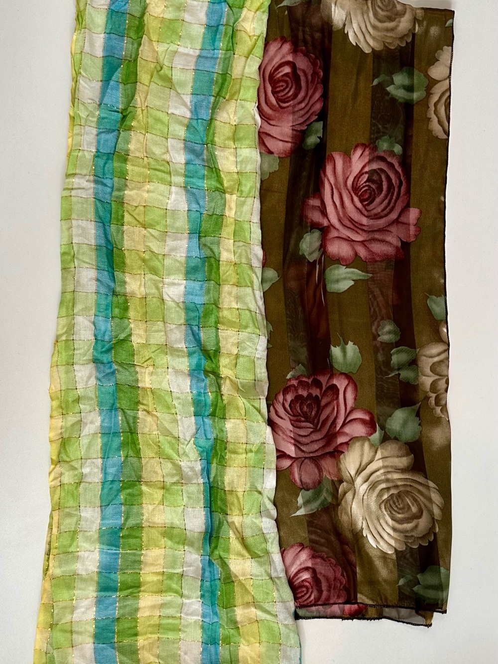 Women's Floral & Plaid Lightweight Scarves in Green and Brown - cottagecore boho